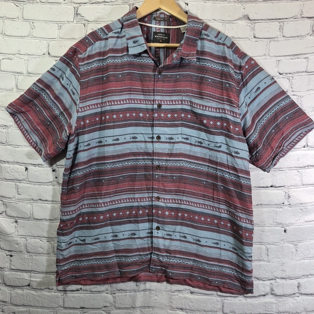 Quiksilver Waterman Hawaiian Shirt Mens XL Aztex Fish‎ Striped Button-Up Comfort